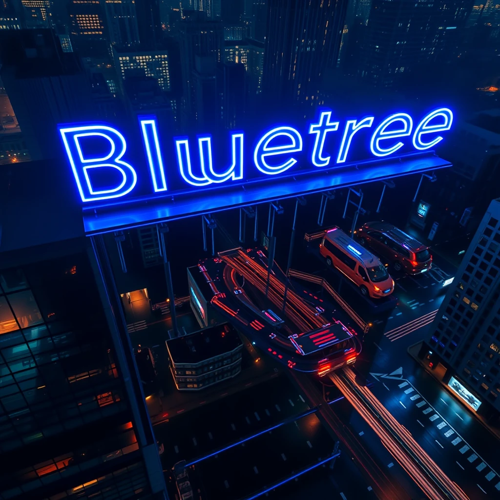 The word "Bluetree" illuminates a nocturnal cityscape as a giant neon sign atop a skyscraper. The letters, 30 feet high, pulse with electric blue light, casting a cool glow over the surrounding buildings. Reflections ripple across glass facades and a rain-slicked street below. Captured from a drone perspective, the composition places the sign at the golden ratio point. The urban environment is rendered in a cyberpunk style, with streaks of light from passing vehicles creating dynamic leading lines to the central text. - Image