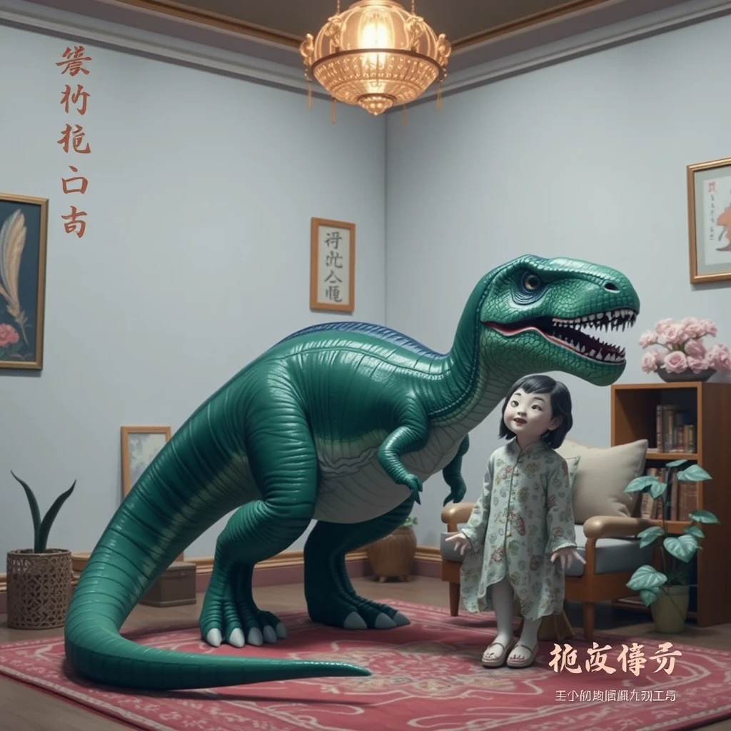 In the real room, there is a dinosaur and a beauty, with Chinese characters or Japanese. - Image