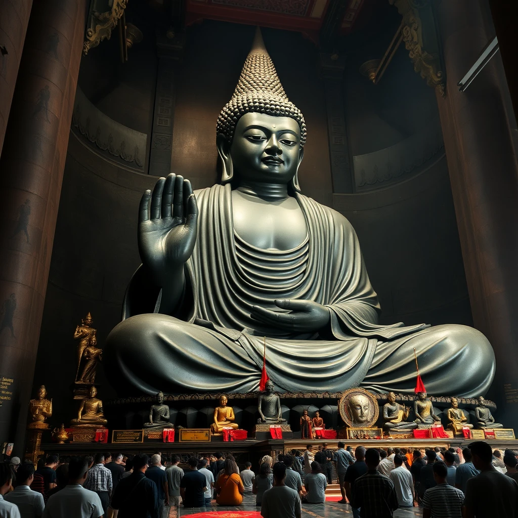 temple, huge multiple very scaring dark Buddha statue, people worship on bended knees