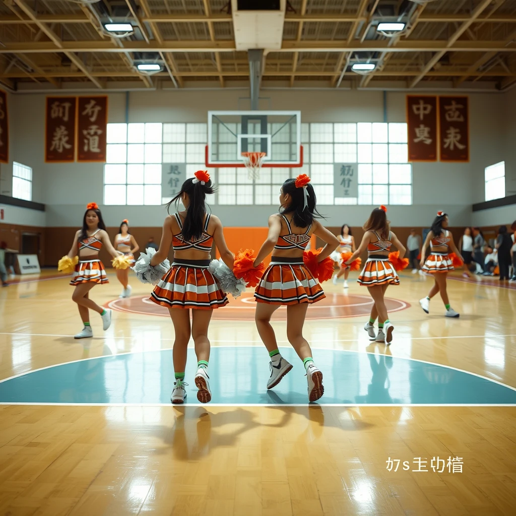 There are cheerleaders dancing on the basketball court, and there are only two people, with Chinese characters or Japanese language.