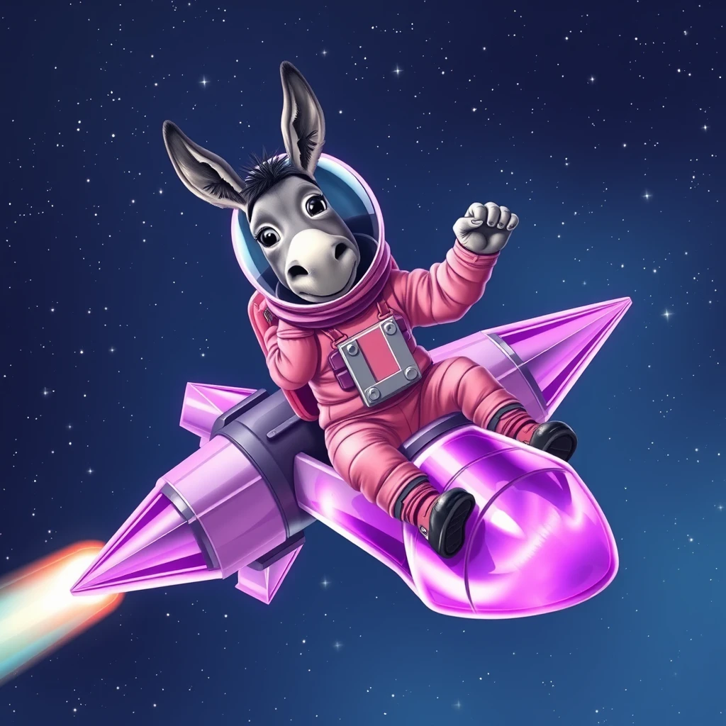 An ambitious donkey wearing pink astronaut costume, riding on a crystal light purple stunning spaceship, making a punching gesture, flying to the outerspace under a clear night sky with lots of shining stars. Realistic style.