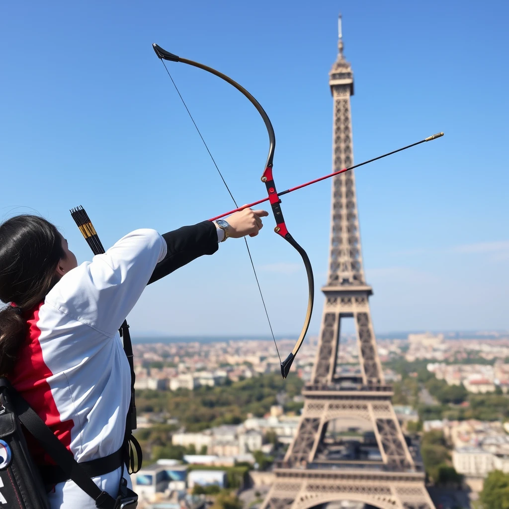 South Korea's archery national team member aiming at a target from the top of the Eiffel Tower.