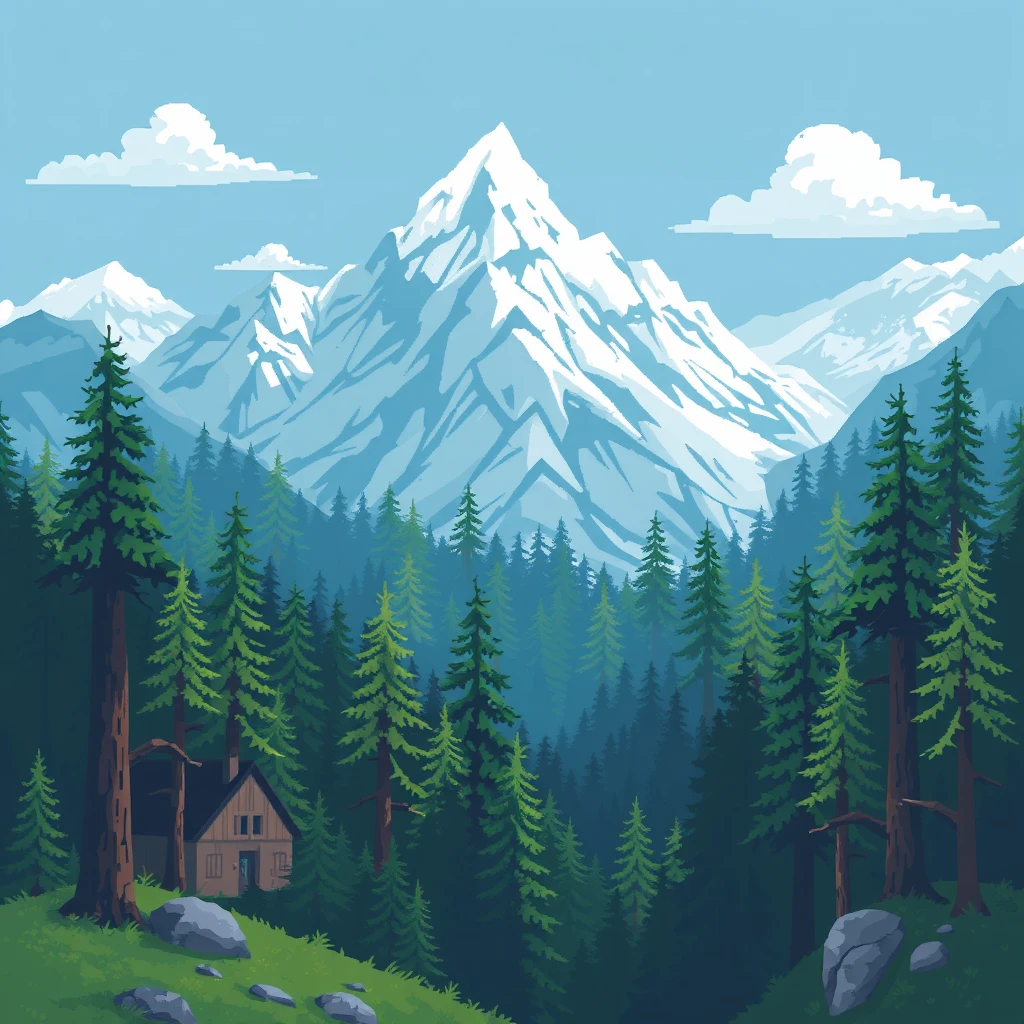 Mountain forests area, pixel art, 2D landscape game, scroll game, flat - Image