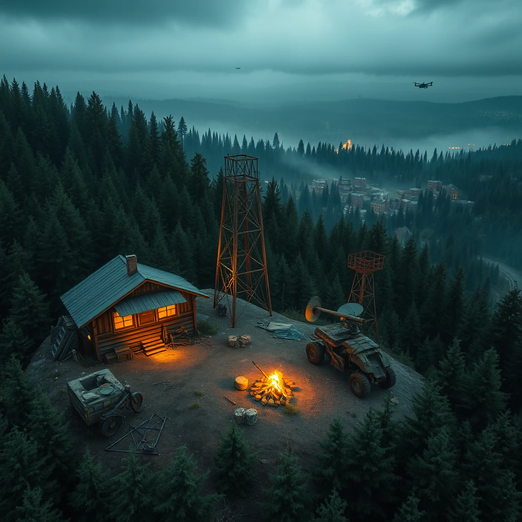 Photo realistic drone shot in a thick evergreen forest of a wooden outpost next to a cabin, a small campfire, a pile of rusty parts, some old motorbikes, an old makeshift armored vehicle mounted with a large machine gun and a makeshift rocket launcher, and a wooden watchtower all on a large hill with satellite dishes next to a radio tower, all in a hilly landscape. There are yellow, orange, red and faint green glows emitting from the cabin and the outpost. In the distance there's an old overgrown town with brick buildings that's barely visible, with only faint glows emitting from a few of the windows and a small campfire barely visible. Sprinkled in the distance are small and slightly hidden outposts, old structures, radio towers, shacks, and watchtowers. Faint explosions and gunshots in the far distance accompanied by dogfighting retro warplanes and drones. The entire landscape is covered in a jungle of tall evergreen trees, with occasional wet gravel and rich dirt roads winding through. The weather is warm, rainy, and cozy under a cloudy sky with a post-apocalyptic atmosphere and retro liminal feeling to it.