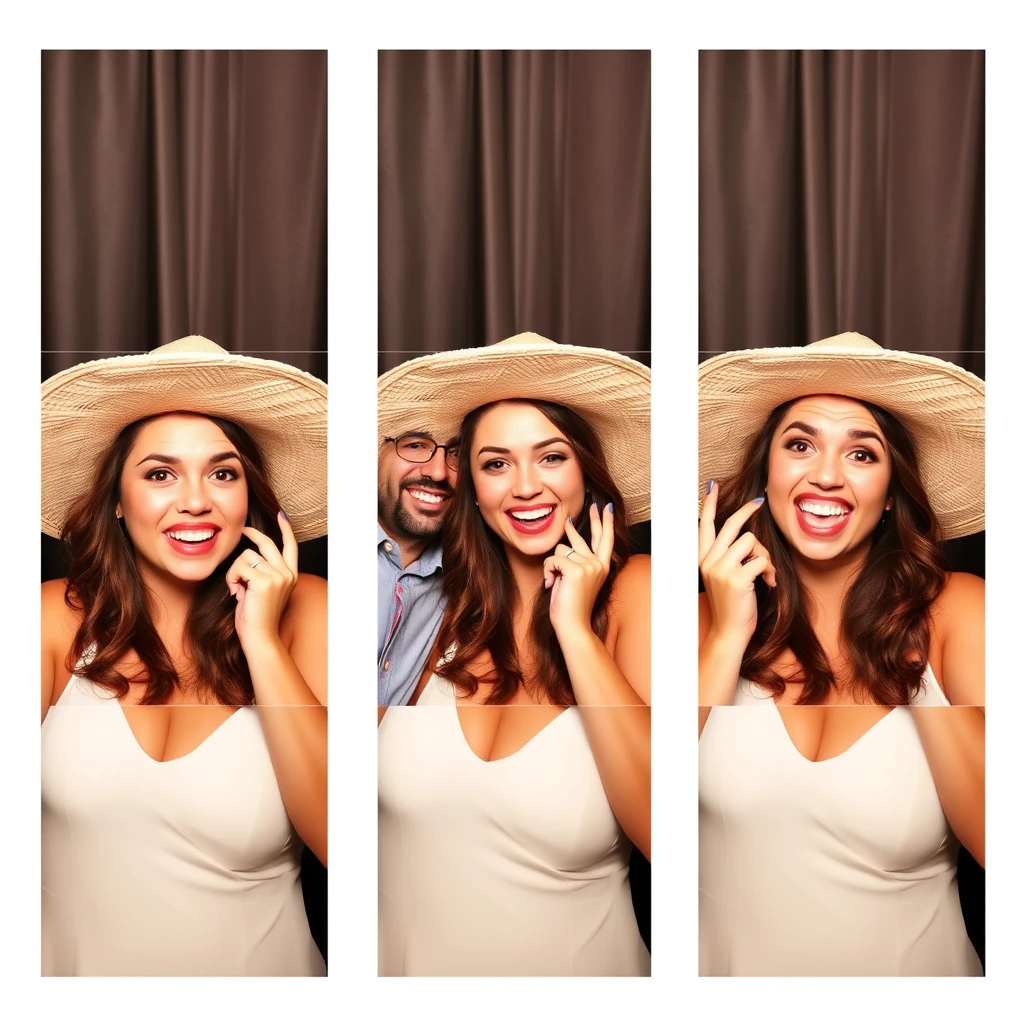 'in the form of a strip from a photo booth, three pictures of an attractive couple making silly faces and wearing giant hats'