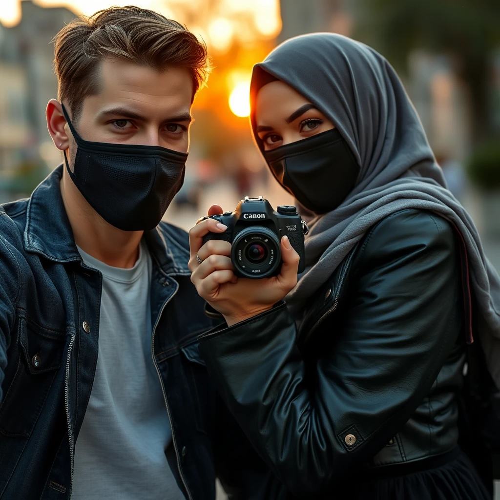 Jamie Dornan's head and body shot, handsome, black face mask, jeans jacket, jeans, dating, love couple, with the biggest grey hijab Muslim girl, black face mask, beautiful eyes, black leather jacket, biggest skirt, taking picture, camera DSLR Canon, sunrise hyper-realistic, street photography, selfie.