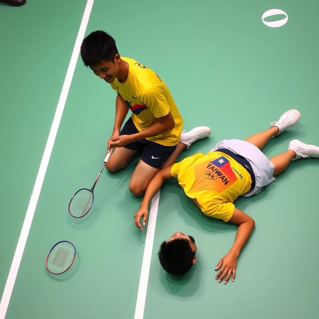 A Taiwanese men's badminton doubles Olympic athlete, at the moment of victory on the court, one player is kneeling and lying on the ground, while the other is happily lying on the ground, captured from a bird's eye view, wearing yellow shirts.