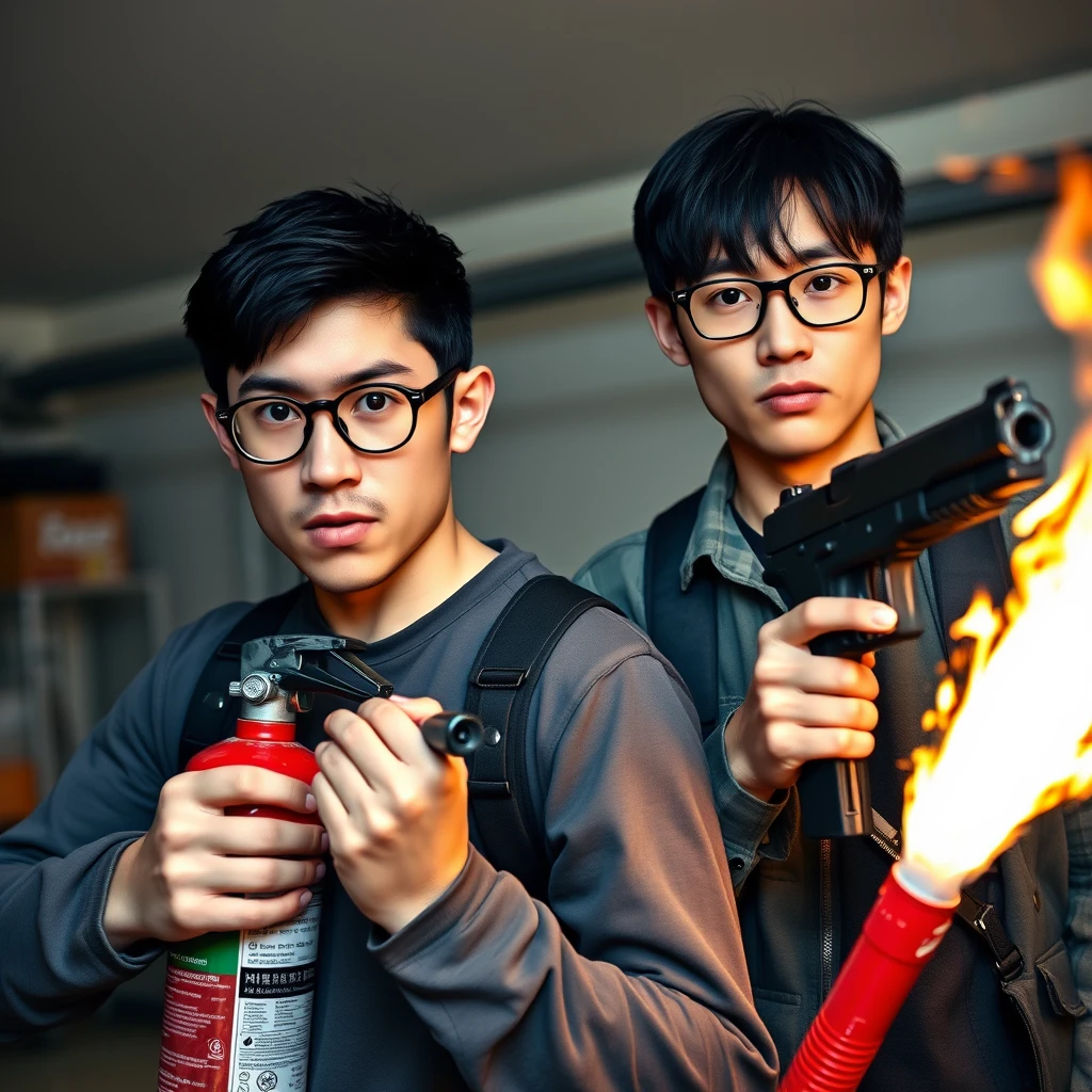 21-year-old very white Italian man, wearing round glasses, black short hair, holding a very large fire extinguisher flamethrower. And a 21-year-old Northern Chinese man, with a thin long face, wearing square glasses, mid/long fringe black hair, holding a Glock. Both angry; murderous intent, garage setting.