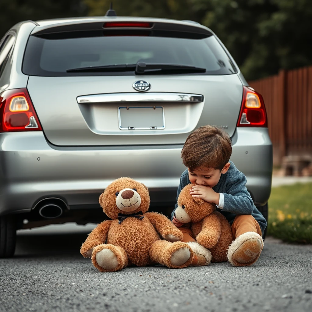 Father backing up his car over a teddy bear while son cries.