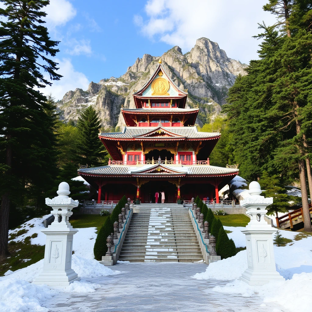 There is a Buddhist temple on the mountain.