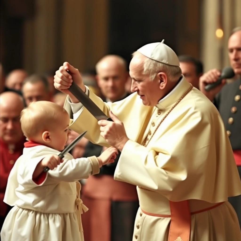 John Paul II is fighting with a small baby using a knife, photo, pope. - Image