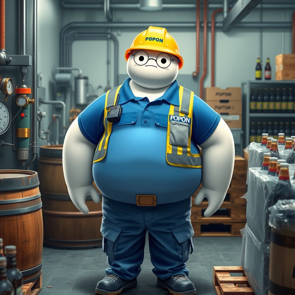 Baymax in a beer bottling factory surrounded by machinery, a barrel, gauges, measuring instruments, pallets, beer bottles, dressed in a blue polo shirt that covers his entire torso, safety equipment, a reflective vest, safety shoes, a walkie-talkie, protective glasses, blue cargo pants, and a yellow helmet with the word POPON written on it. The clothing has POPON written on it.