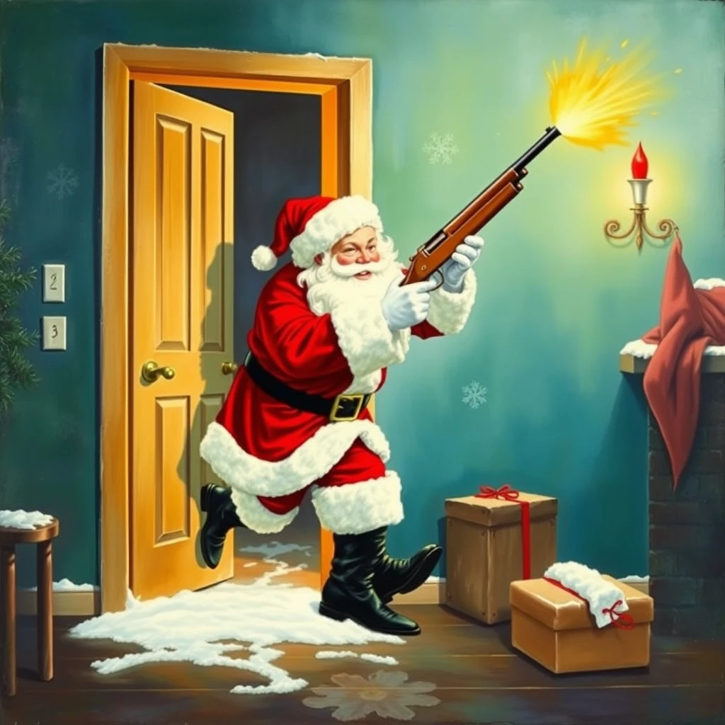 Santa kicks in a door while wielding his sawed off shotgun, as painted by Arthur Sarnoff 1952.