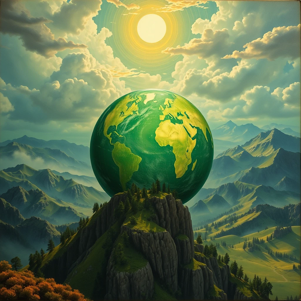 "The art of Alphonse Mucha, with a green Earth appearance in the middle, rendered with beautiful landscapes, dramatic colors, and realistic photos." - Image