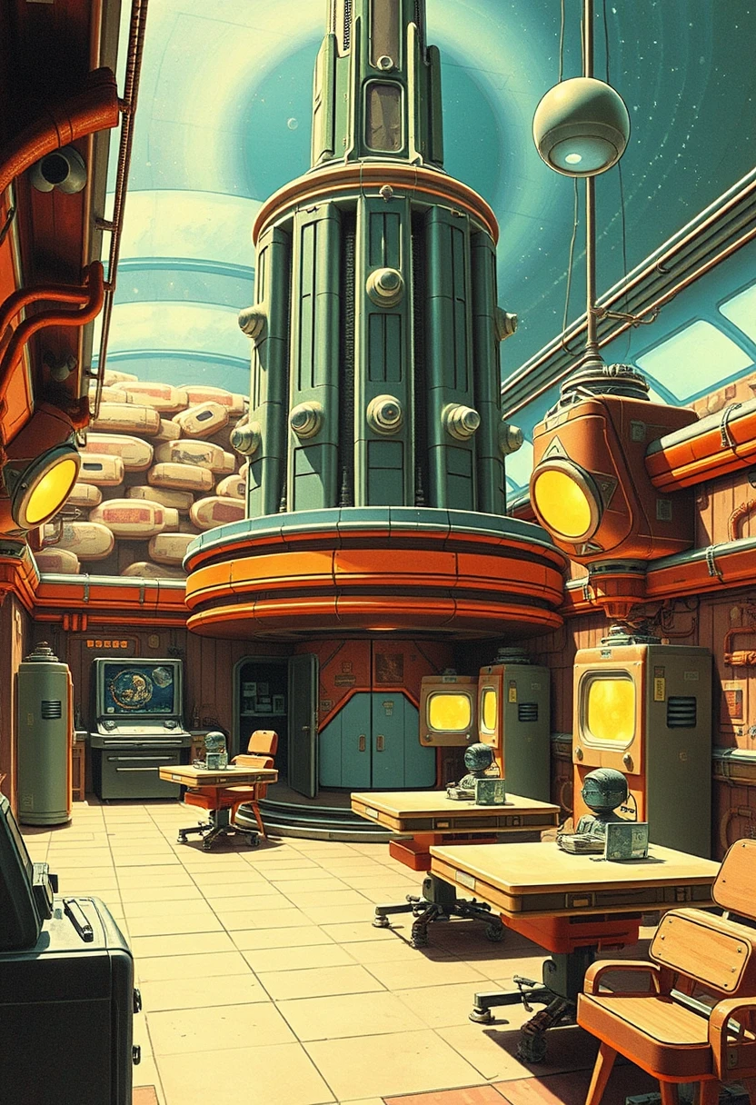 Retro vintage sci-fi art, cloning facility