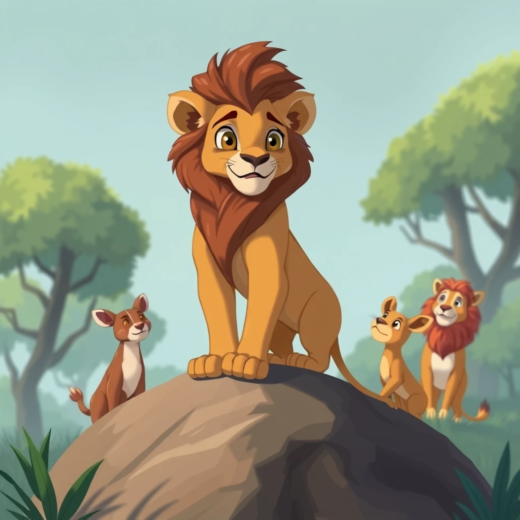 Leo the young lion stands on a hillock, gazing out at the forest animals with a look of resolve, ready to propose a solution to their predicament.