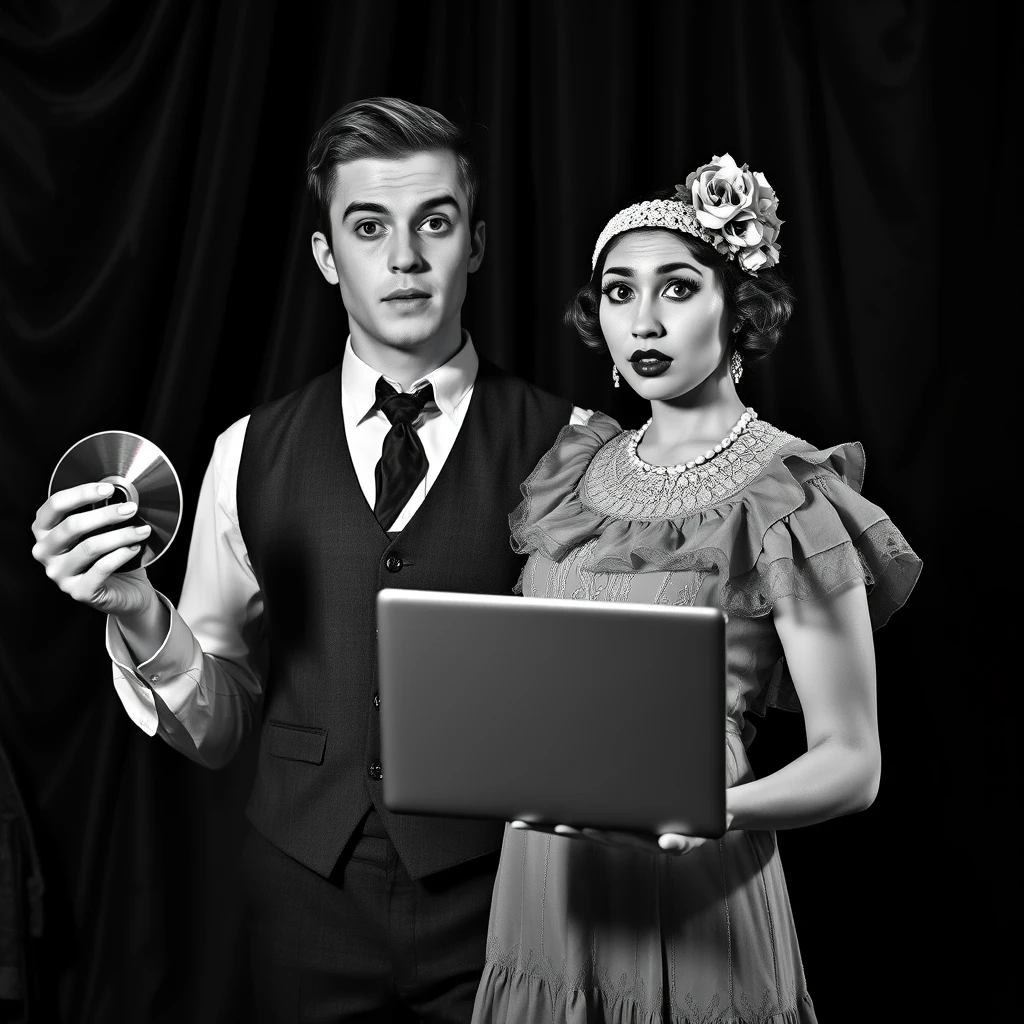 Black-and-white hyper-realistic image of a young couple dressed in 1920s Vaudeville-style period costumes, standing in an intimate pose. The man is wearing a waistcoat, a high-collared shirt, and has neatly styled hair, characteristic of the 1920s era. The woman is in a ruffled dress with a lace collar, a decorative headpiece adorned with flowers, and classic 1920s makeup. They are both holding modern technology: the man holds a DVD disc with an amazed expression, and the woman is holding a laptop, looking astonished as she sees their own image on the screen. The background is dark, with heavy, ornate curtains draped, giving a theatrical, staged appearance typical of a Vaudeville performance. The lighting is soft and focused on their faces, accentuating their expressions and the intricate details of their costumes. The image should mimic the vintage photograph style of the 1920s with high contrast and slight graininess. Capture this scene with high-resolution details, ensuring the textures of the fabric and the delicate lace are visible, with a subtle bokeh effect to blur the background and emphasize the couple and the technology they are holding. The overall mood is a whimsical blend of nostalgia and modernity, evoking the charm of the Vaudeville era while highlighting the contrast with 21st-century technology.