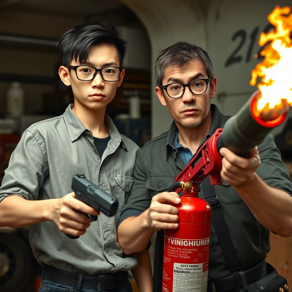 A 21-year-old white, thin, long-faced young man from northern China with a square chin, wearing square glasses and holding a pistol, with neck-length hair; a 21-year-old white Italian man wearing round glasses and short hair, holding a very large fire extinguisher flamethrower; in a garage setting; both looking angry.