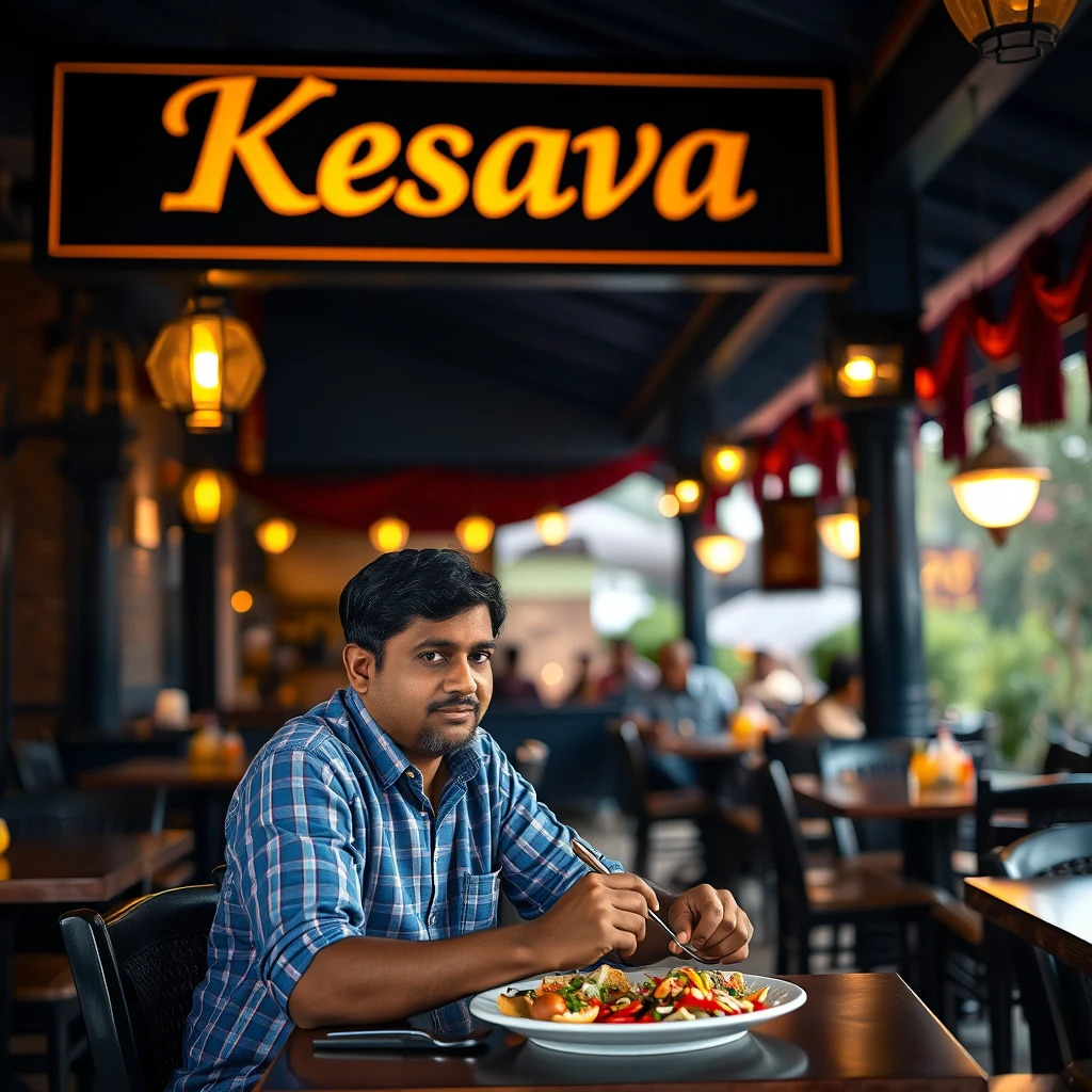 An Indian man eating in a traditional aesthetic Chettinad interior Indian restaurant with signage that says "Kesavan," bokeh, golden hour, outdoor, dark blue and maroon theme colors. - Image