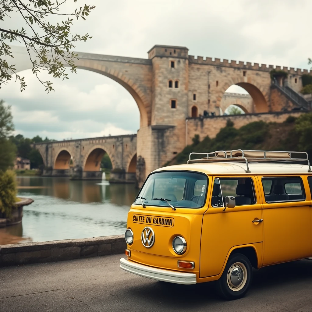 Photorealistic: Yellow VW Bus in front of Pont du Gard