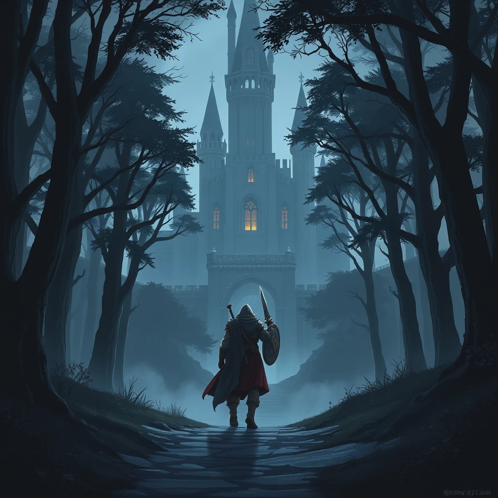 Dark fantasy animation. A warrior approaches a castle of trees.