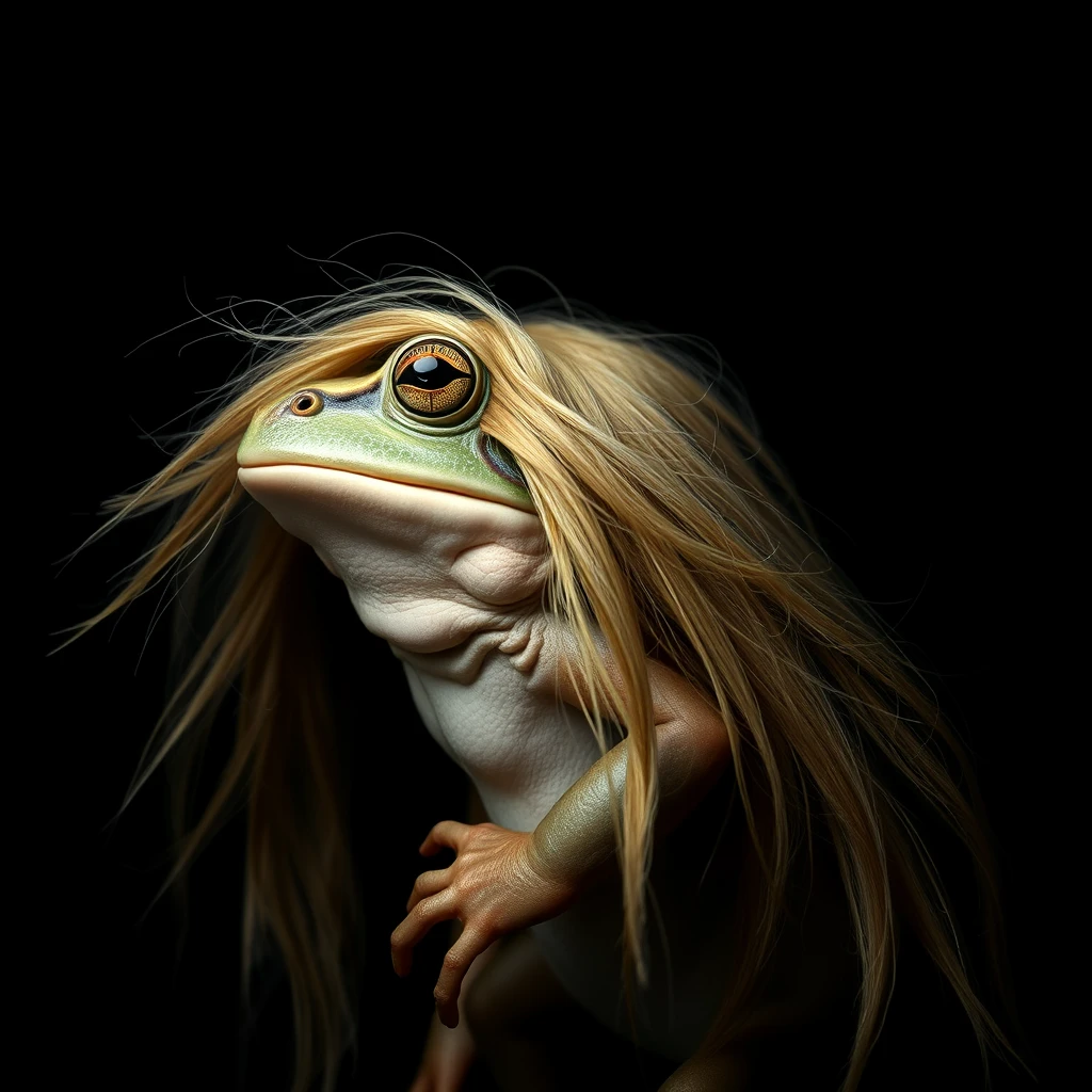 side view portrait, a stoic frog wearing a wig with long golden hair locks, windy day, majestic, deep shadows, perfect composition, detailed, high resolution, low saturation, lowkey, muted colors, atmospheric. - Image