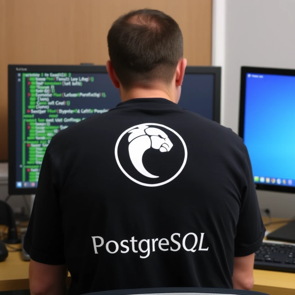 A man wearing a T-shirt with the PostgreSQL logo on the back sits at a desk in front of a computer with a Linux interface. - Image