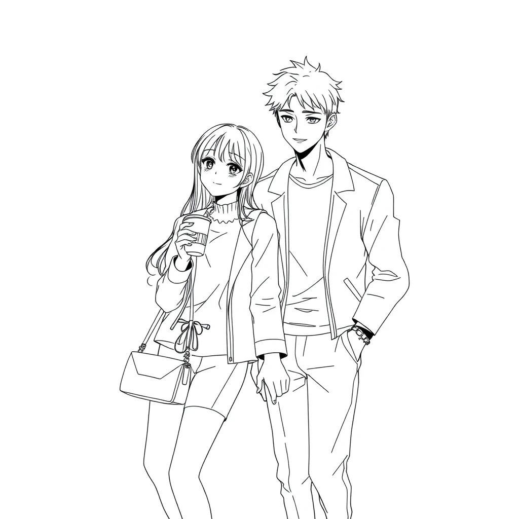 anime lineart, young woman in fashion standing with a tall handsome boy, she is leaning on the boy, simple background, cup, handbag, hand in hand, daily life - Image