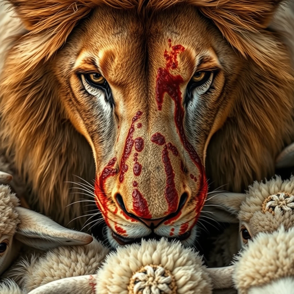 Close-up shot of a lion's face covered in blood, surrounded by the sheep it's defending.