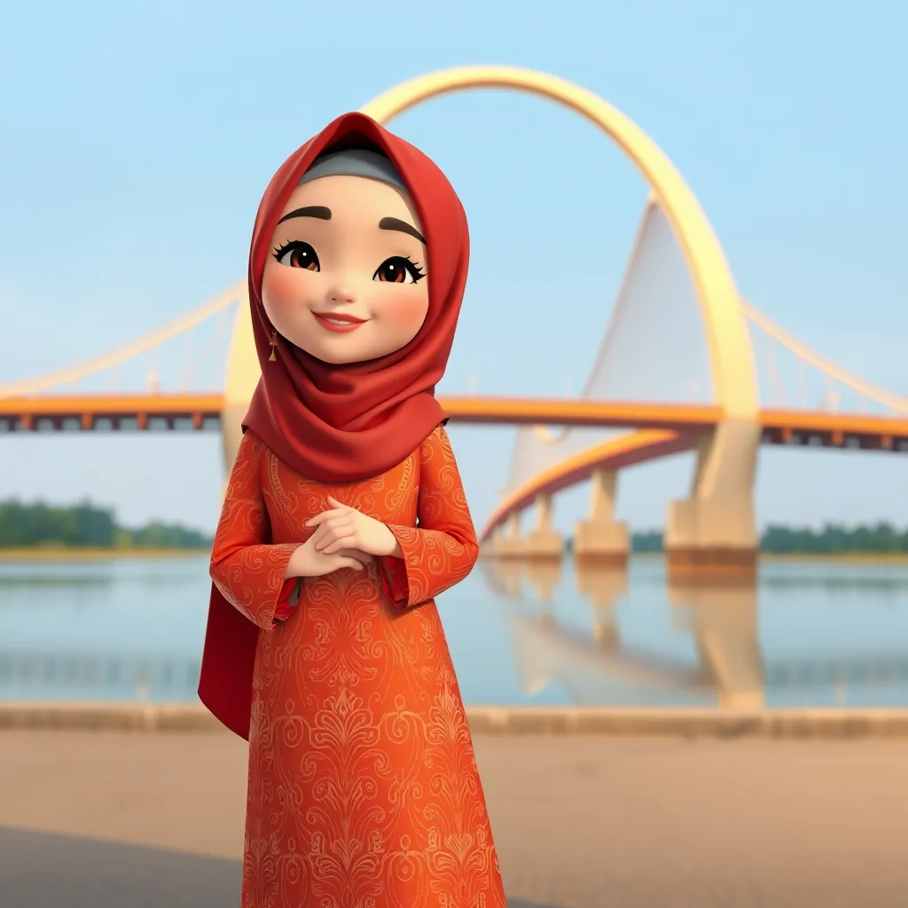 A 3D cartoon animation of a Muslim woman from Palembang, Indonesia, wearing a traditional long songket dress. She stands gracefully in front of the iconic Ampera Bridge, which arches beautifully in the background. The scene is rendered in stunning 8k resolution, capturing the vibrant colors and intricate details of the songket fabric. The woman's expression is serene and peaceful, with a gentle smile. The overall atmosphere is warm and welcoming, showcasing the cultural beauty and elegance of Palembang.