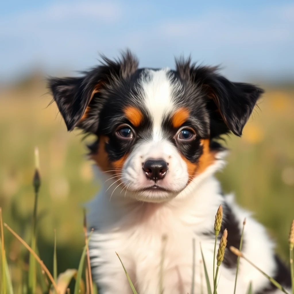 Portrait of a Papillon puppy in a field.