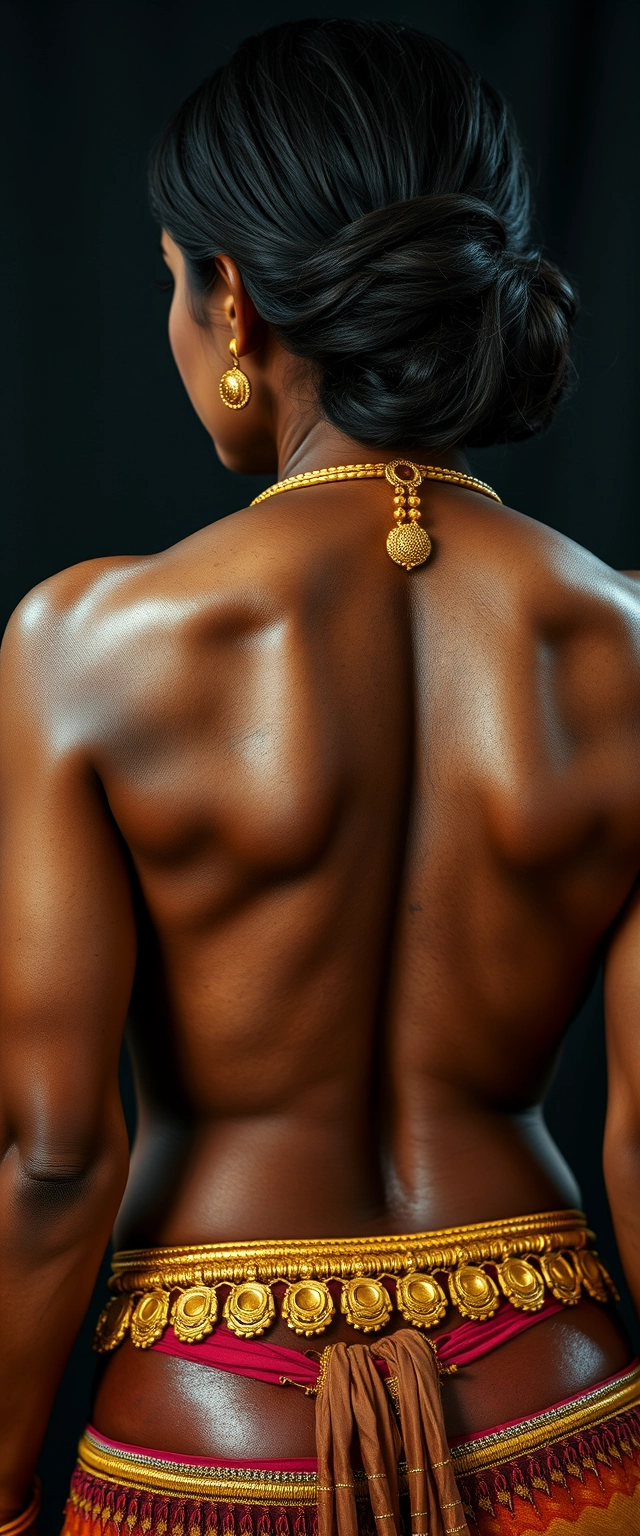 Close-up view of an unrealistically highly muscular back with big shiny muscles of a tall Indian woman, hair spread, wearing gold ornaments on her waist and neck.