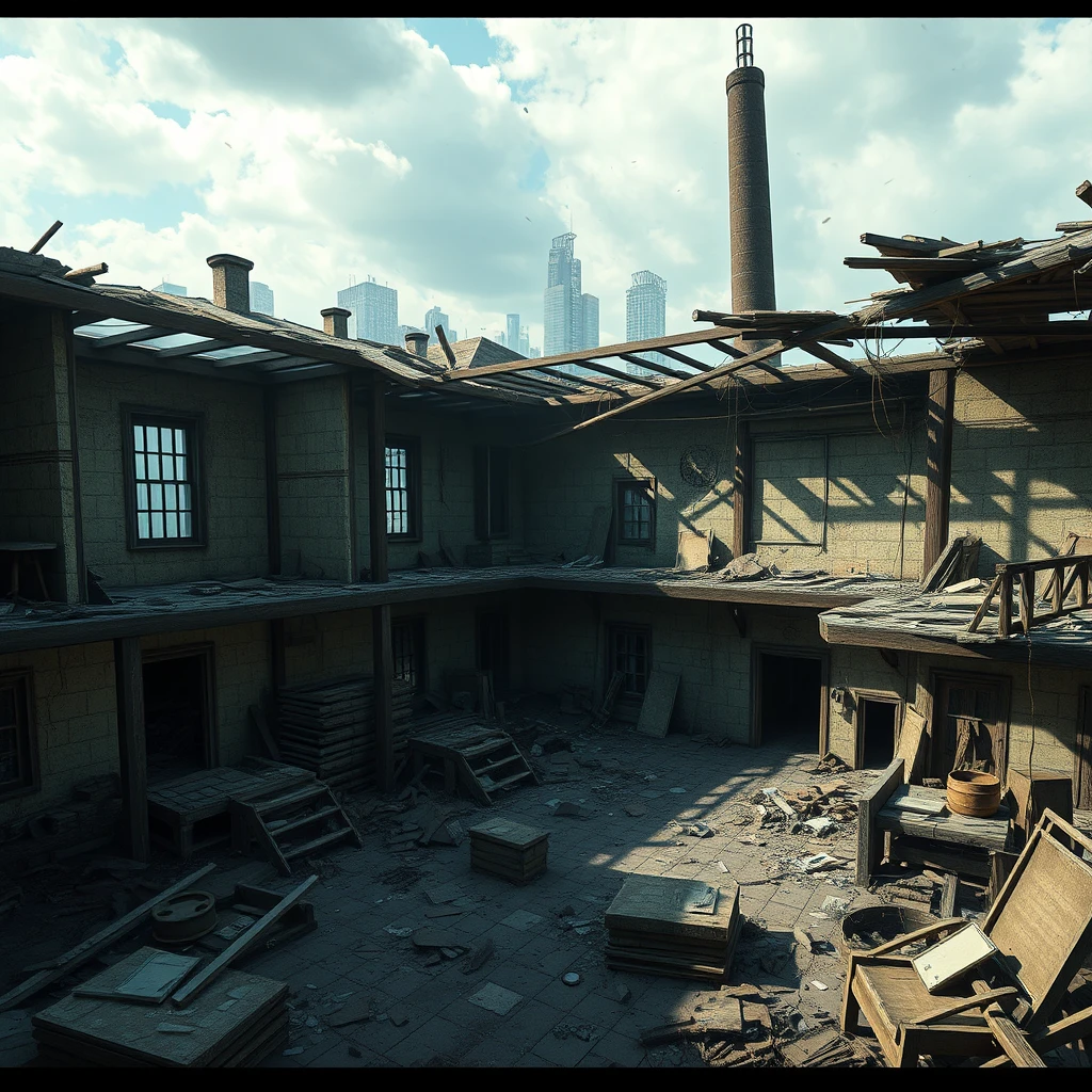 Apocalyptic scenes, abandoned buildings, interiors, broken roofs, concept design, game design, 16:9, excellent composition, complex items, cluttered items, lots of items.