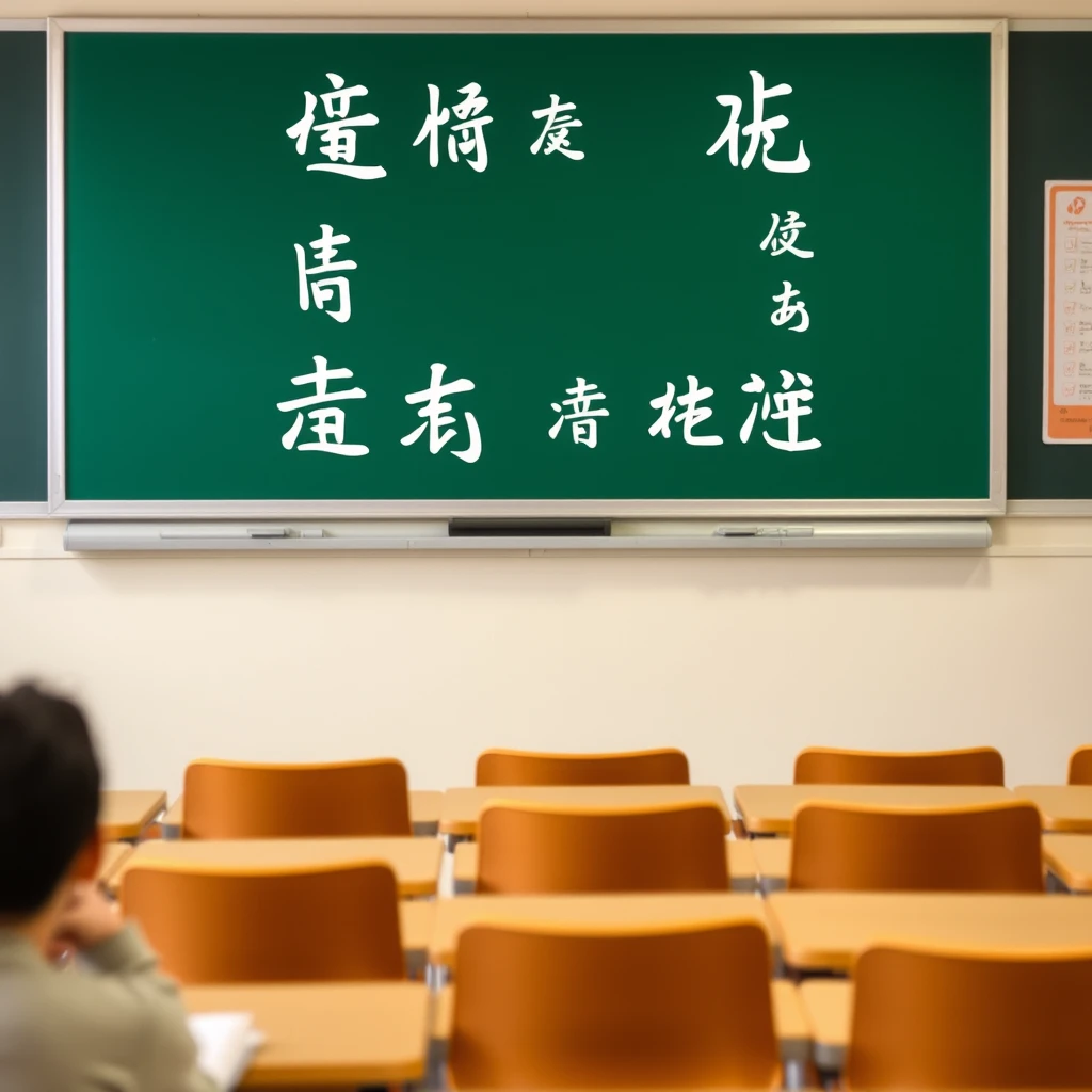 In the classroom, there are Chinese characters or Japanese. The text must be clearly visible. - Image