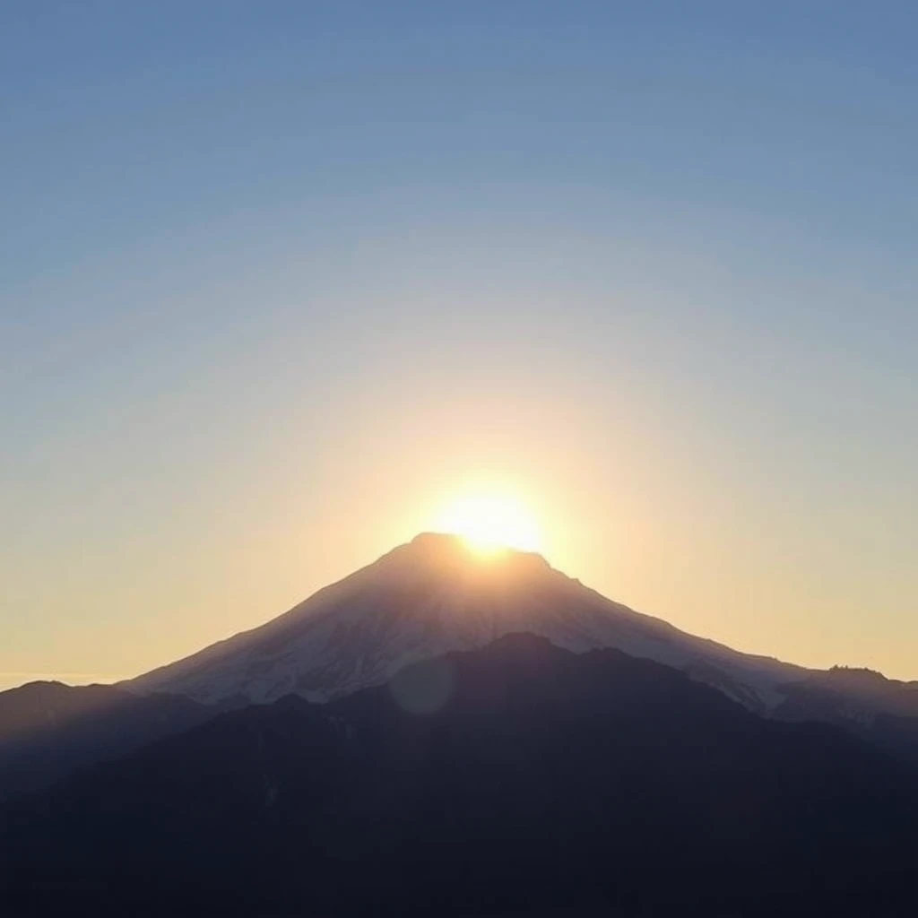 A sun back with a snow mountain at sunset.