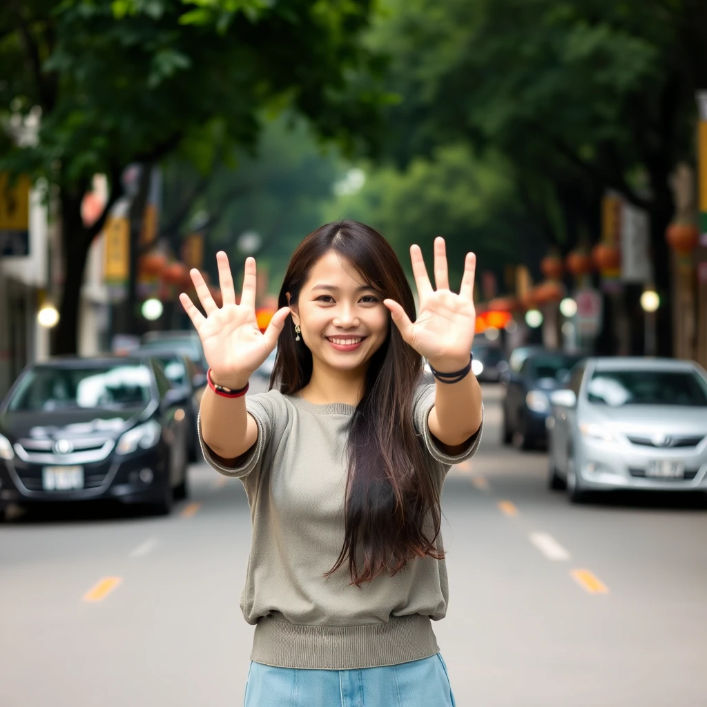 Asian woman holding hands out in middle of the street