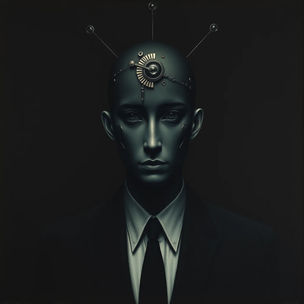 Magritte style dark painting androgynous mechanical human - Image