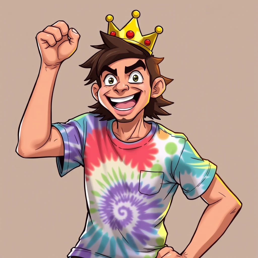 Main Character: Depict a dynamic and charismatic pose, wearing a tie-dye t-shirt with a crown.