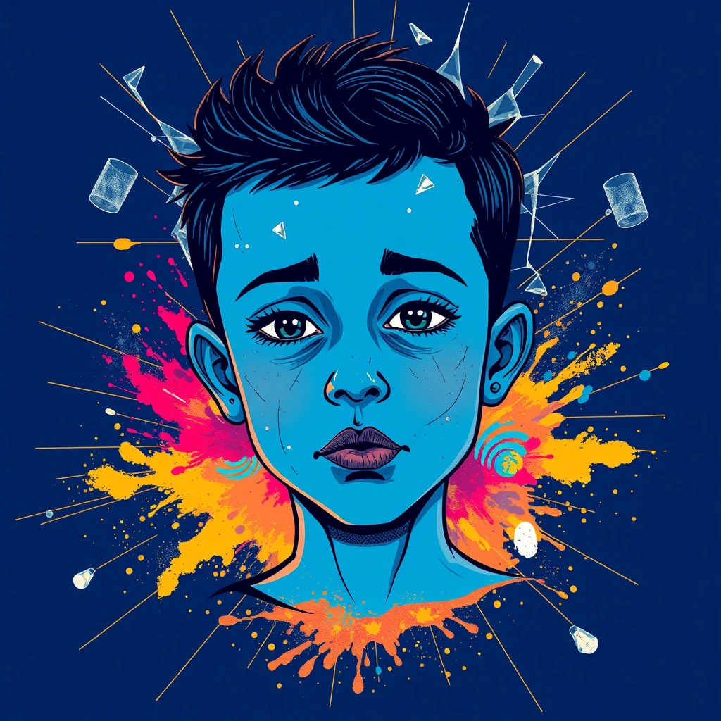 A boy with blue skin and an abstract face, surrounded by glass breakage and gold lines on a dark blue background, with a colorful explosion of spilled powder. Illustration style, Andy Warhol style, Picasso style.