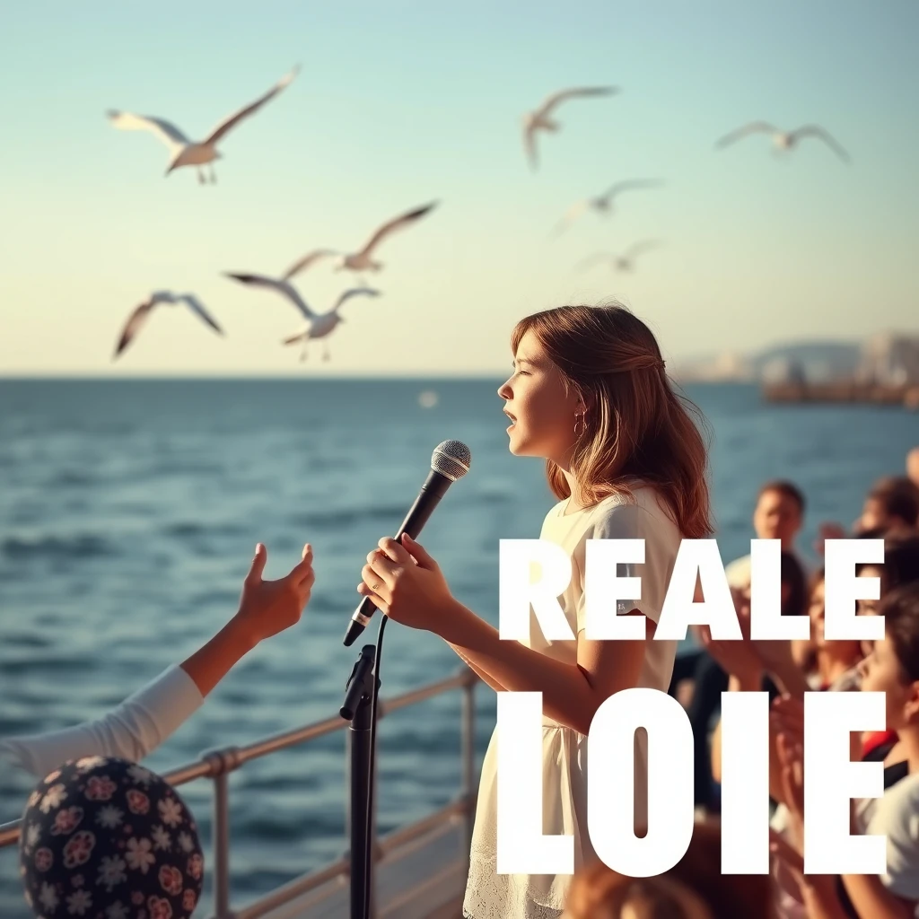 A girl singing by the seaside, seagulls flying over the sea, and a crowd applauding in the bottom right corner, real photography. - Image