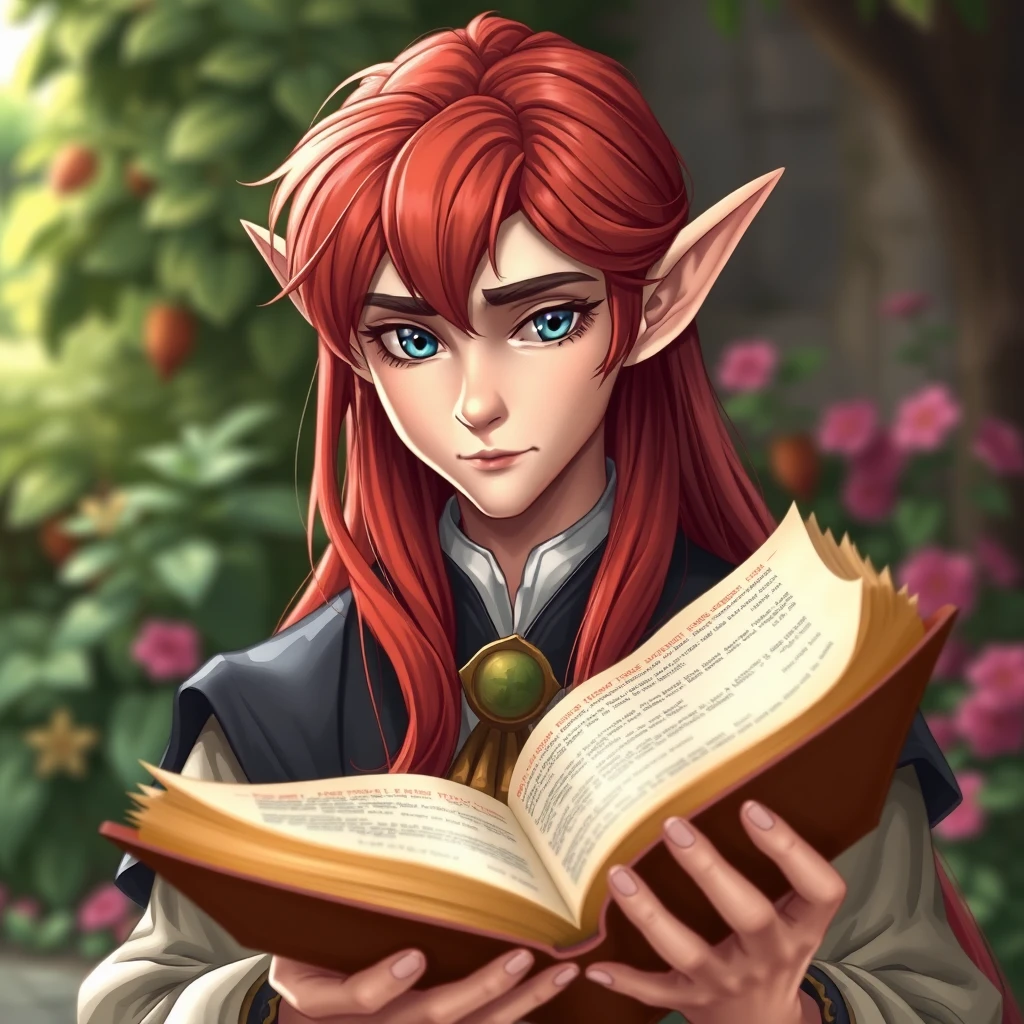 Male Elf, Hair: fiery red, very long hair, Eyes: pale blue, with raised lower eyelid, Cheeks: hollow, Face shape: rhomboidal, long nose, pleasant appearance, dressed in elegant clothes, holding an open magic book in his right hand, eyes fixed on the book pages, background garden, detailing, good quality, soft colors. - Image