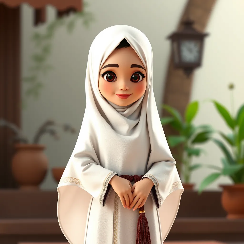 "Create a 3D animated cartoon of a Muslim woman from Palembang wearing a long white gamis. The character should be highly detailed with 8K resolution. Focus on traditional Palembang features and cultural elements." - Image