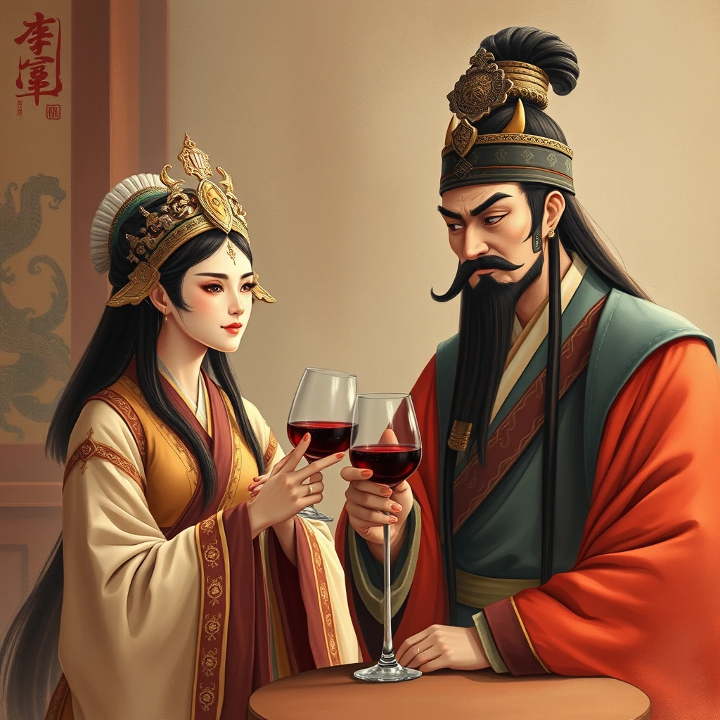 "A beauty wearing a mask drinks wine with Emperor Qin Shi Huang. Where is Emperor Qin Shi Huang?"