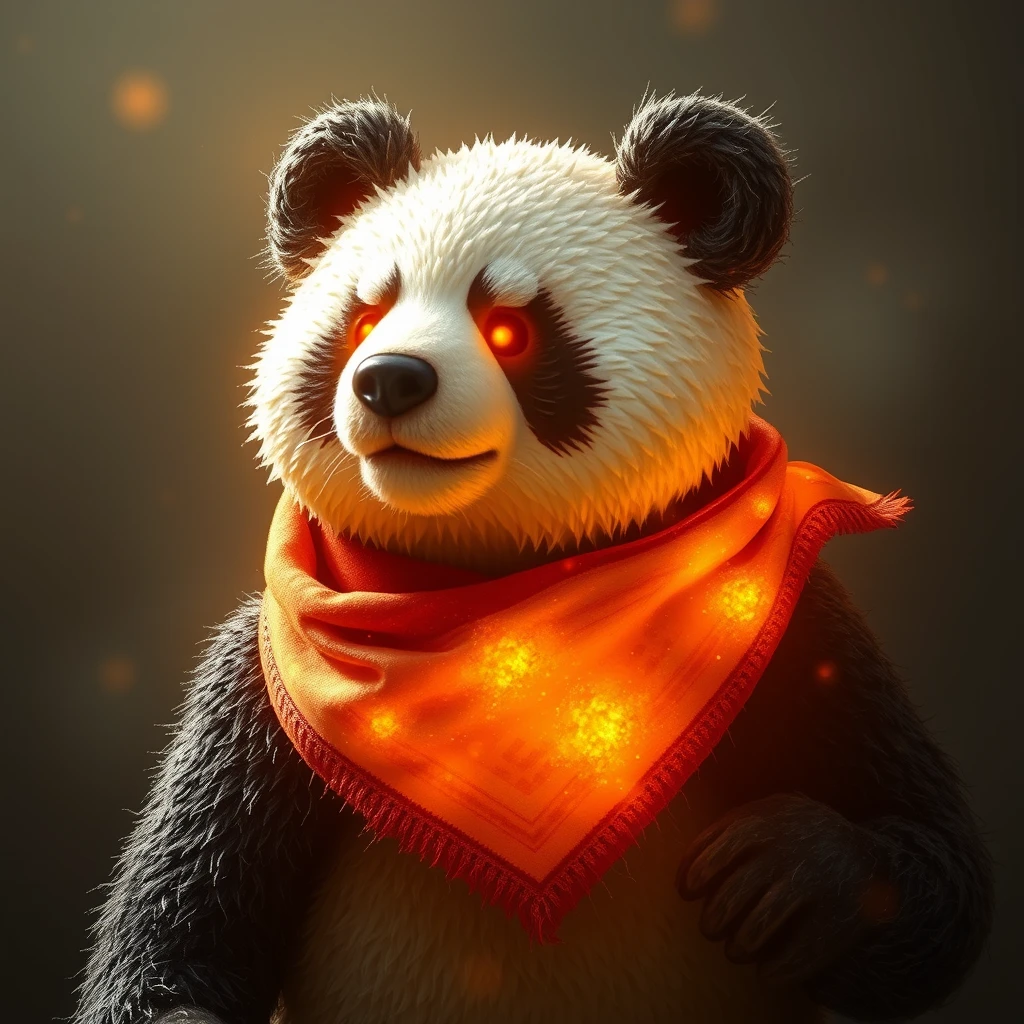 A big crunchy soy panda bear with a bandana made of radiant fiery light.