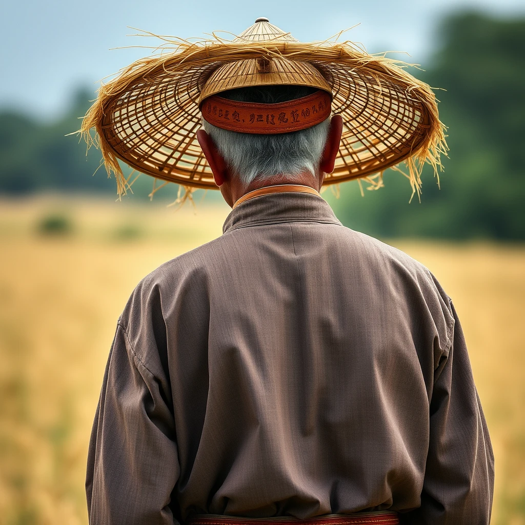 The background is a field, depicting the back of a middle-aged Asian man dressed in exquisite ancient peasant clothes and a simple straw hat, size is 16:9.