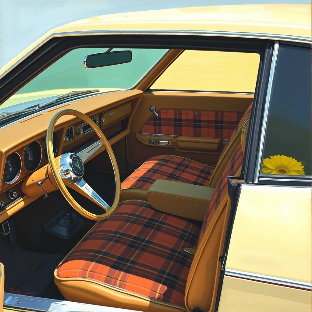 A Pontiac Fiero with a plaid cloth interior, as painted by Arthur Sarnoff. - Image