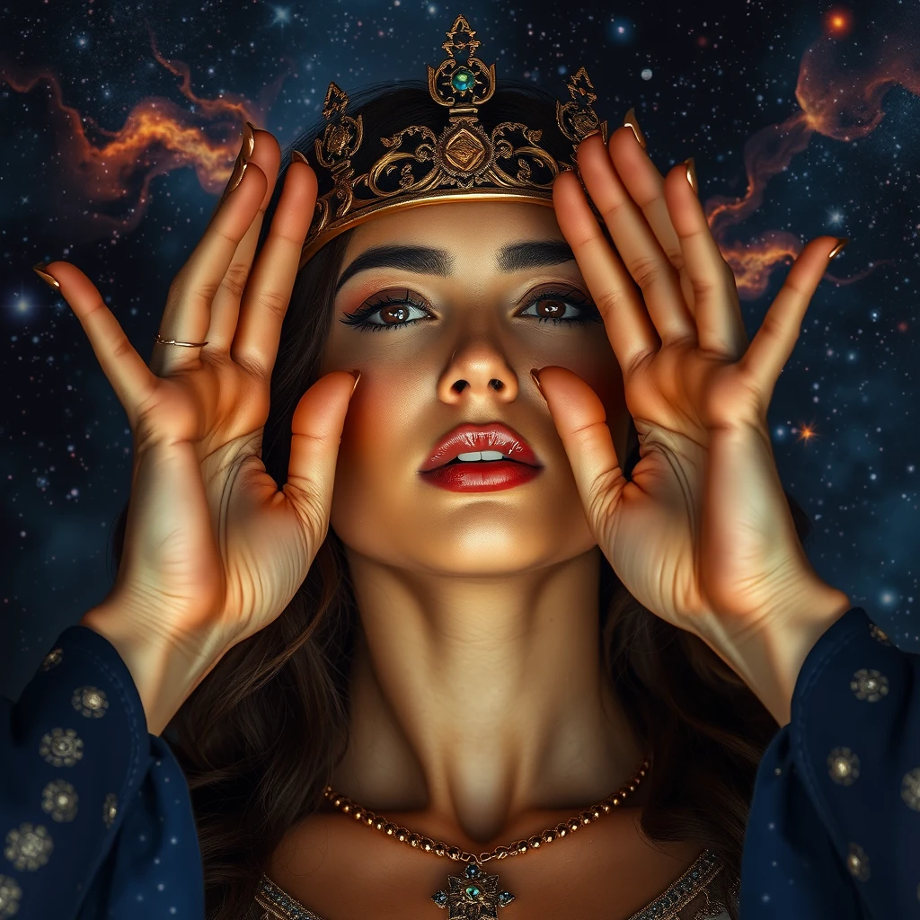 A beautiful queen of the universe holding up her hands, face in the background. - Image