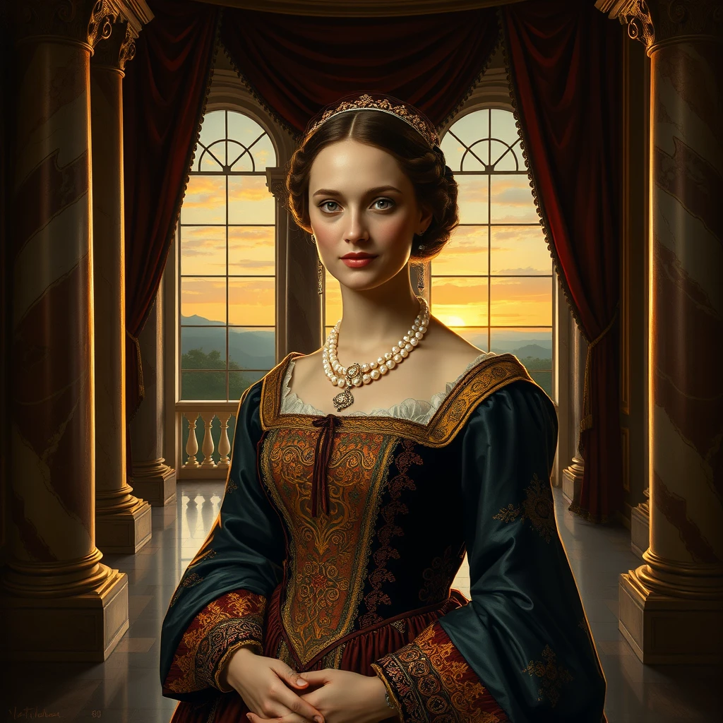 Art Style: Render in a classical oil painting style with rich, deep colors and detailed brushwork.  
Subject: Depict a regal scene featuring a noblewoman from the Renaissance era, dressed in lavish attire adorned with intricate gold embroidery and a pearl necklace.  
Setting: Place her in a grand hall with ornate architecture, including marble pillars and a velvet-draped window revealing a sunset landscape.  
Lighting: Use dramatic chiaroscuro lighting to highlight the textures and details of her dress and the surroundings.  
Mood: Convey a sense of quiet dignity and historical grandeur.