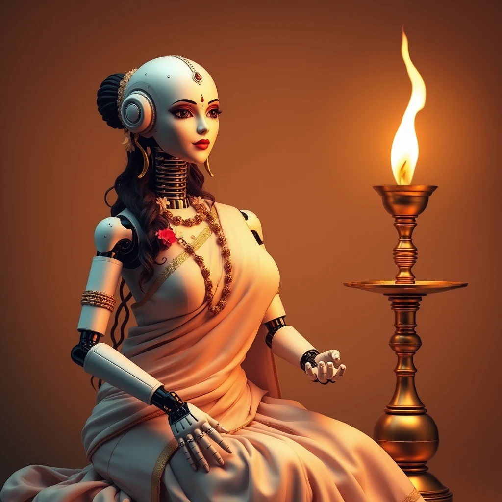 A voluptuous and busty robot lady, in minimalistic Keralite attire and bindi, wishing Onam with delicate flowers and sitting next to a tall traditional brass lamp with wick and oil, from Kerala.