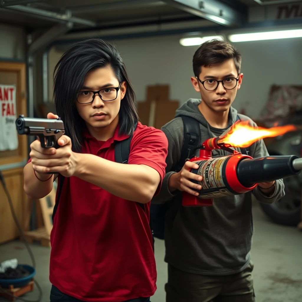 2 person setting, "21 year old northern Chinese thin long face man wearing square glasses, mid/long black mullet hair, holding pistol" and "21 year old young white Italian man wearing round glasses, short hair, holding very large fire extinguisher flamethrower", garage setting, both angry.